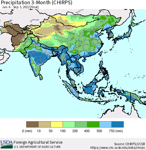 Asia Precipitation 3-Month (CHIRPS) Thematic Map For 6/6/2022 - 9/5/2022