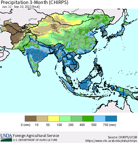 Asia Precipitation 3-Month (CHIRPS) Thematic Map For 6/11/2022 - 9/10/2022