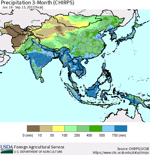 Asia Precipitation 3-Month (CHIRPS) Thematic Map For 6/16/2022 - 9/15/2022