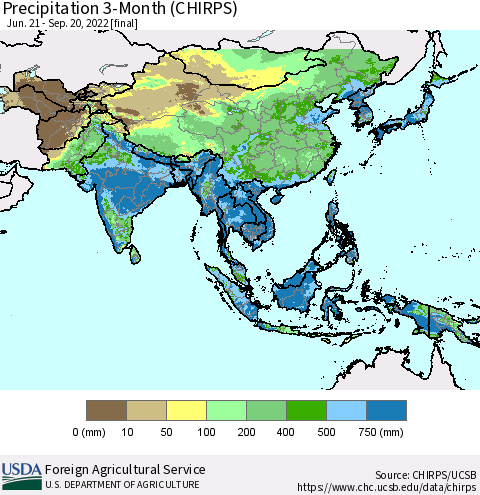 Asia Precipitation 3-Month (CHIRPS) Thematic Map For 6/21/2022 - 9/20/2022