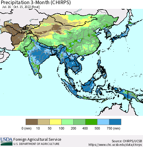 Asia Precipitation 3-Month (CHIRPS) Thematic Map For 7/16/2022 - 10/15/2022