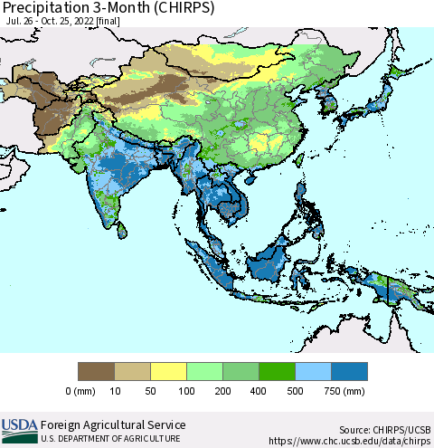 Asia Precipitation 3-Month (CHIRPS) Thematic Map For 7/26/2022 - 10/25/2022