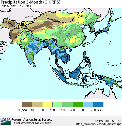 Asia Precipitation 3-Month (CHIRPS) Thematic Map For 8/6/2022 - 11/5/2022