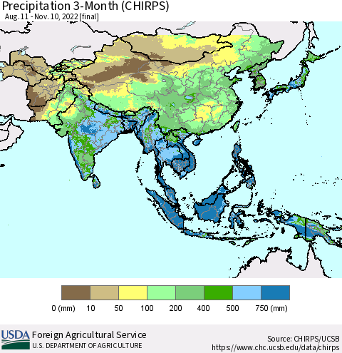 Asia Precipitation 3-Month (CHIRPS) Thematic Map For 8/11/2022 - 11/10/2022