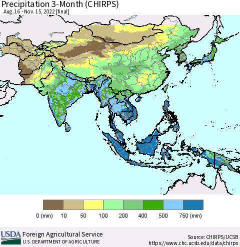 Asia Precipitation 3-Month (CHIRPS) Thematic Map For 8/16/2022 - 11/15/2022