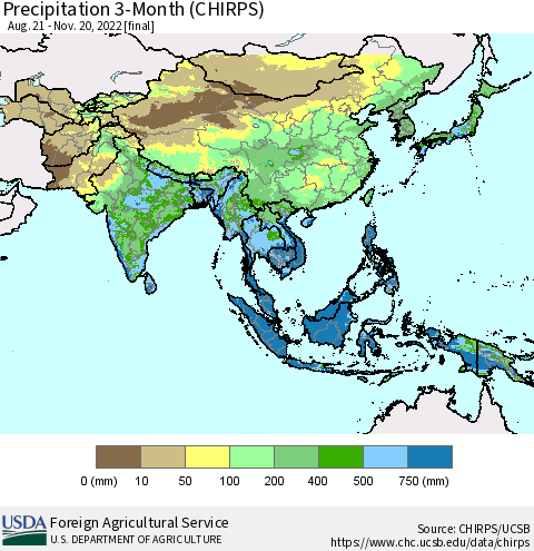 Asia Precipitation 3-Month (CHIRPS) Thematic Map For 8/21/2022 - 11/20/2022