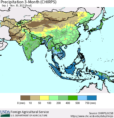 Asia Precipitation 3-Month (CHIRPS) Thematic Map For 9/1/2022 - 11/30/2022