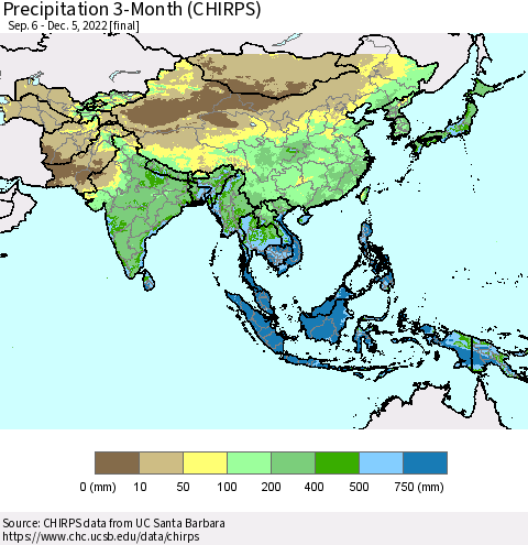 Asia Precipitation 3-Month (CHIRPS) Thematic Map For 9/6/2022 - 12/5/2022