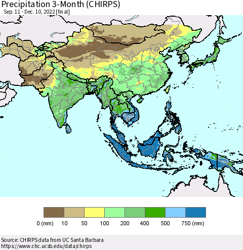 Asia Precipitation 3-Month (CHIRPS) Thematic Map For 9/11/2022 - 12/10/2022