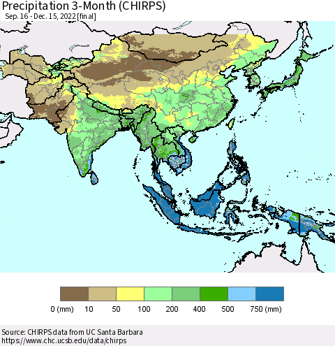 Asia Precipitation 3-Month (CHIRPS) Thematic Map For 9/16/2022 - 12/15/2022