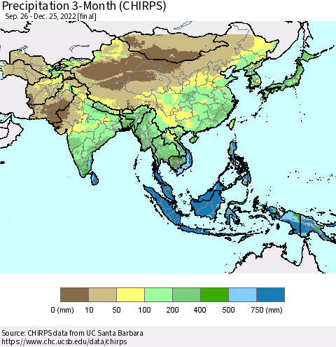Asia Precipitation 3-Month (CHIRPS) Thematic Map For 9/26/2022 - 12/25/2022