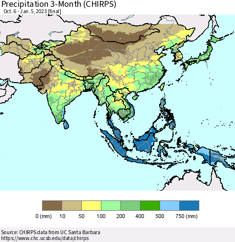 Asia Precipitation 3-Month (CHIRPS) Thematic Map For 10/6/2022 - 1/5/2023