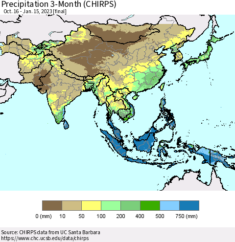 Asia Precipitation 3-Month (CHIRPS) Thematic Map For 10/16/2022 - 1/15/2023