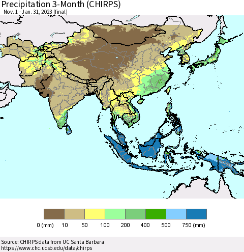 Asia Precipitation 3-Month (CHIRPS) Thematic Map For 11/1/2022 - 1/31/2023