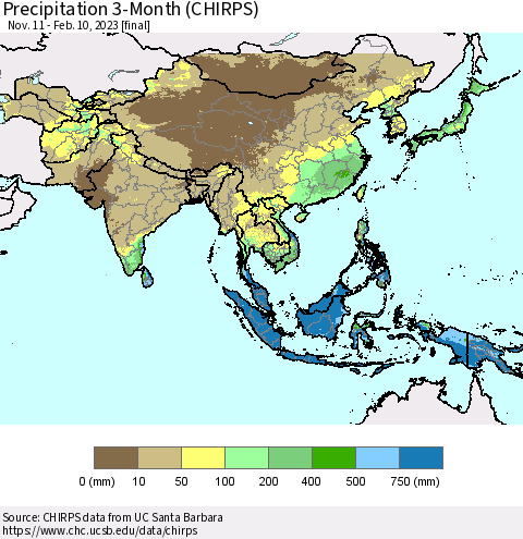 Asia Precipitation 3-Month (CHIRPS) Thematic Map For 11/11/2022 - 2/10/2023