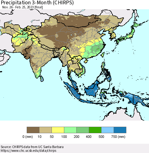 Asia Precipitation 3-Month (CHIRPS) Thematic Map For 11/26/2022 - 2/25/2023