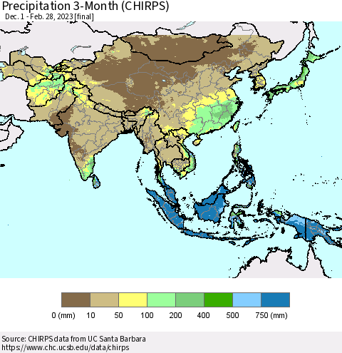 Asia Precipitation 3-Month (CHIRPS) Thematic Map For 12/1/2022 - 2/28/2023