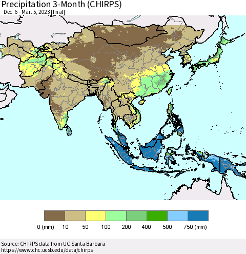 Asia Precipitation 3-Month (CHIRPS) Thematic Map For 12/6/2022 - 3/5/2023