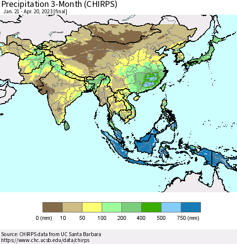 Asia Precipitation 3-Month (CHIRPS) Thematic Map For 1/21/2023 - 4/20/2023