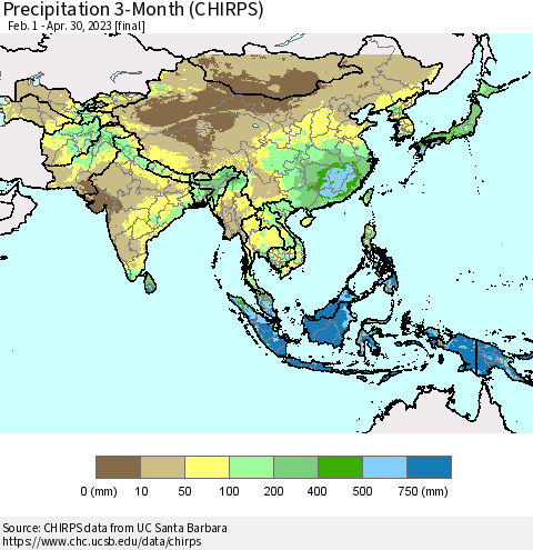 Asia Precipitation 3-Month (CHIRPS) Thematic Map For 2/1/2023 - 4/30/2023