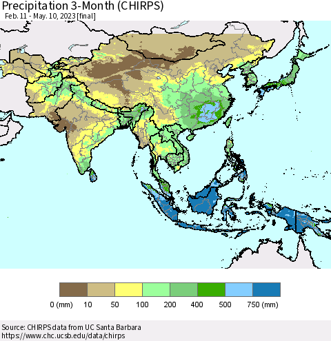 Asia Precipitation 3-Month (CHIRPS) Thematic Map For 2/11/2023 - 5/10/2023