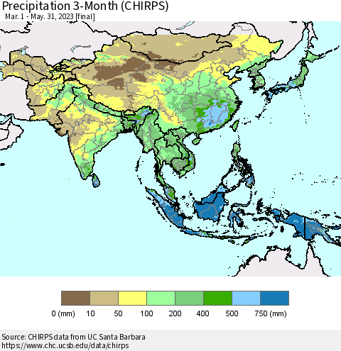 Asia Precipitation 3-Month (CHIRPS) Thematic Map For 3/1/2023 - 5/31/2023