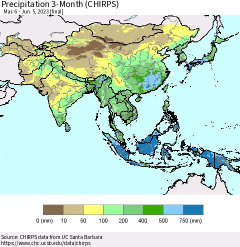 Asia Precipitation 3-Month (CHIRPS) Thematic Map For 3/6/2023 - 6/5/2023