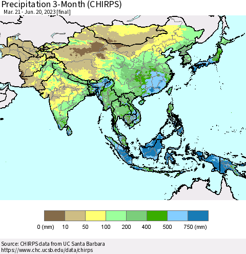 Asia Precipitation 3-Month (CHIRPS) Thematic Map For 3/21/2023 - 6/20/2023