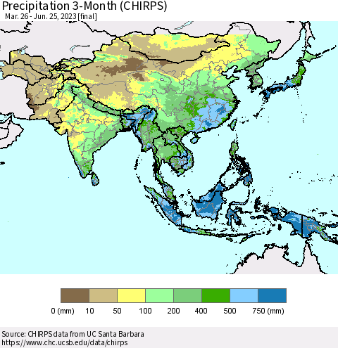 Asia Precipitation 3-Month (CHIRPS) Thematic Map For 3/26/2023 - 6/25/2023
