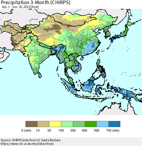 Asia Precipitation 3-Month (CHIRPS) Thematic Map For 4/1/2023 - 6/30/2023