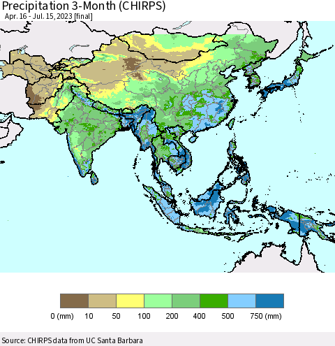 Asia Precipitation 3-Month (CHIRPS) Thematic Map For 4/16/2023 - 7/15/2023