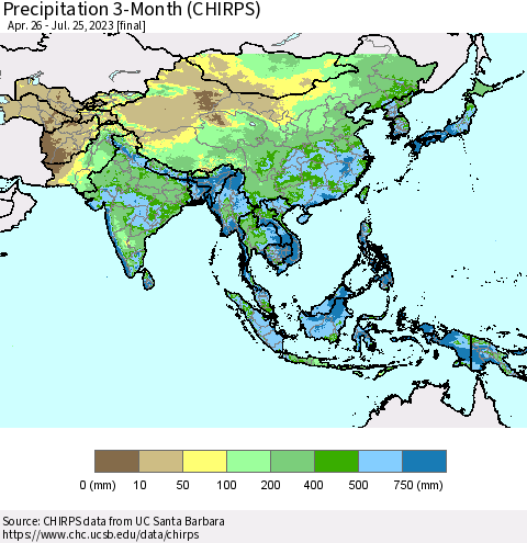 Asia Precipitation 3-Month (CHIRPS) Thematic Map For 4/26/2023 - 7/25/2023