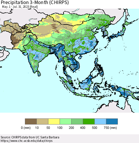Asia Precipitation 3-Month (CHIRPS) Thematic Map For 5/1/2023 - 7/31/2023