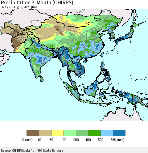 Asia Precipitation 3-Month (CHIRPS) Thematic Map For 5/6/2023 - 8/5/2023