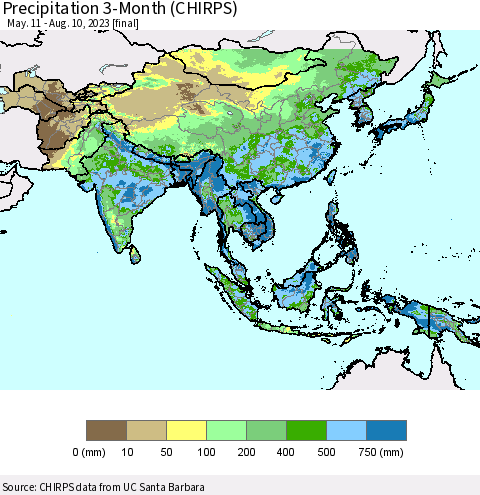 Asia Precipitation 3-Month (CHIRPS) Thematic Map For 5/11/2023 - 8/10/2023