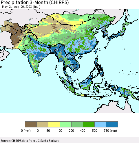 Asia Precipitation 3-Month (CHIRPS) Thematic Map For 5/21/2023 - 8/20/2023
