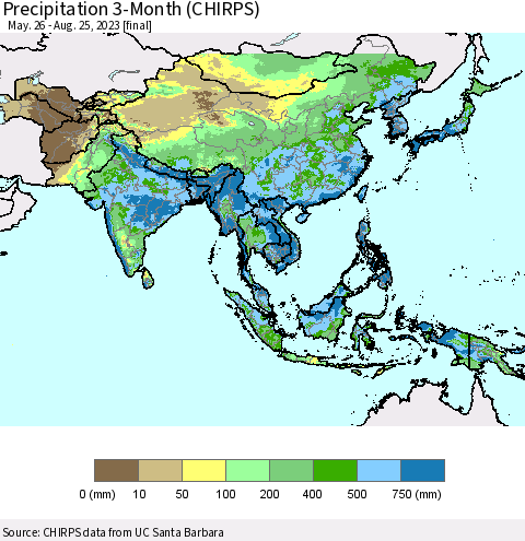 Asia Precipitation 3-Month (CHIRPS) Thematic Map For 5/26/2023 - 8/25/2023