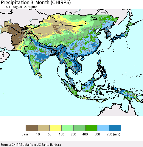 Asia Precipitation 3-Month (CHIRPS) Thematic Map For 6/1/2023 - 8/31/2023