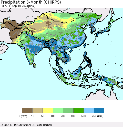Asia Precipitation 3-Month (CHIRPS) Thematic Map For 6/11/2023 - 9/10/2023