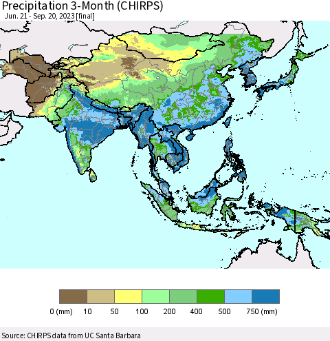 Asia Precipitation 3-Month (CHIRPS) Thematic Map For 6/21/2023 - 9/20/2023