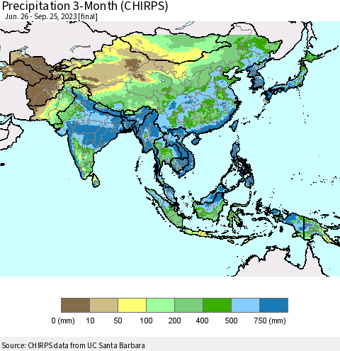 Asia Precipitation 3-Month (CHIRPS) Thematic Map For 6/26/2023 - 9/25/2023