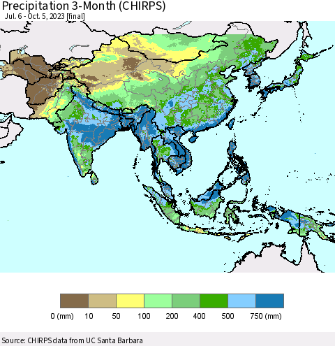 Asia Precipitation 3-Month (CHIRPS) Thematic Map For 7/6/2023 - 10/5/2023