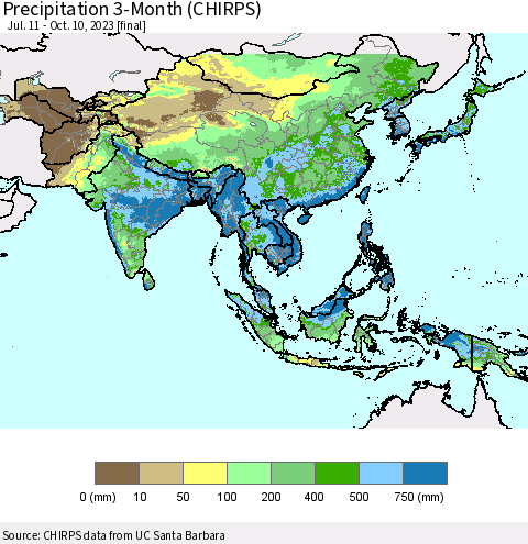 Asia Precipitation 3-Month (CHIRPS) Thematic Map For 7/11/2023 - 10/10/2023