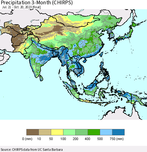 Asia Precipitation 3-Month (CHIRPS) Thematic Map For 7/21/2023 - 10/20/2023
