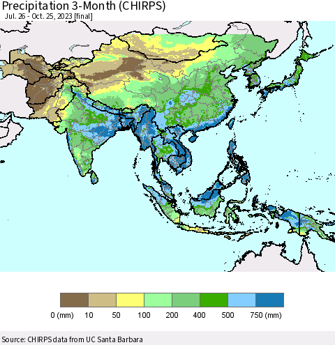 Asia Precipitation 3-Month (CHIRPS) Thematic Map For 7/26/2023 - 10/25/2023
