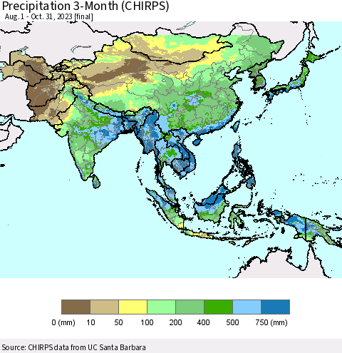 Asia Precipitation 3-Month (CHIRPS) Thematic Map For 8/1/2023 - 10/31/2023