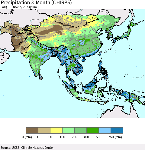 Asia Precipitation 3-Month (CHIRPS) Thematic Map For 8/6/2023 - 11/5/2023