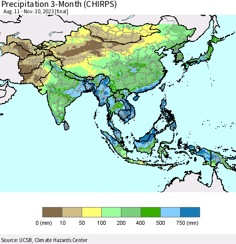 Asia Precipitation 3-Month (CHIRPS) Thematic Map For 8/11/2023 - 11/10/2023