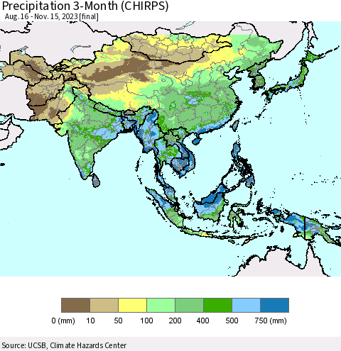 Asia Precipitation 3-Month (CHIRPS) Thematic Map For 8/16/2023 - 11/15/2023
