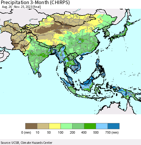 Asia Precipitation 3-Month (CHIRPS) Thematic Map For 8/26/2023 - 11/25/2023